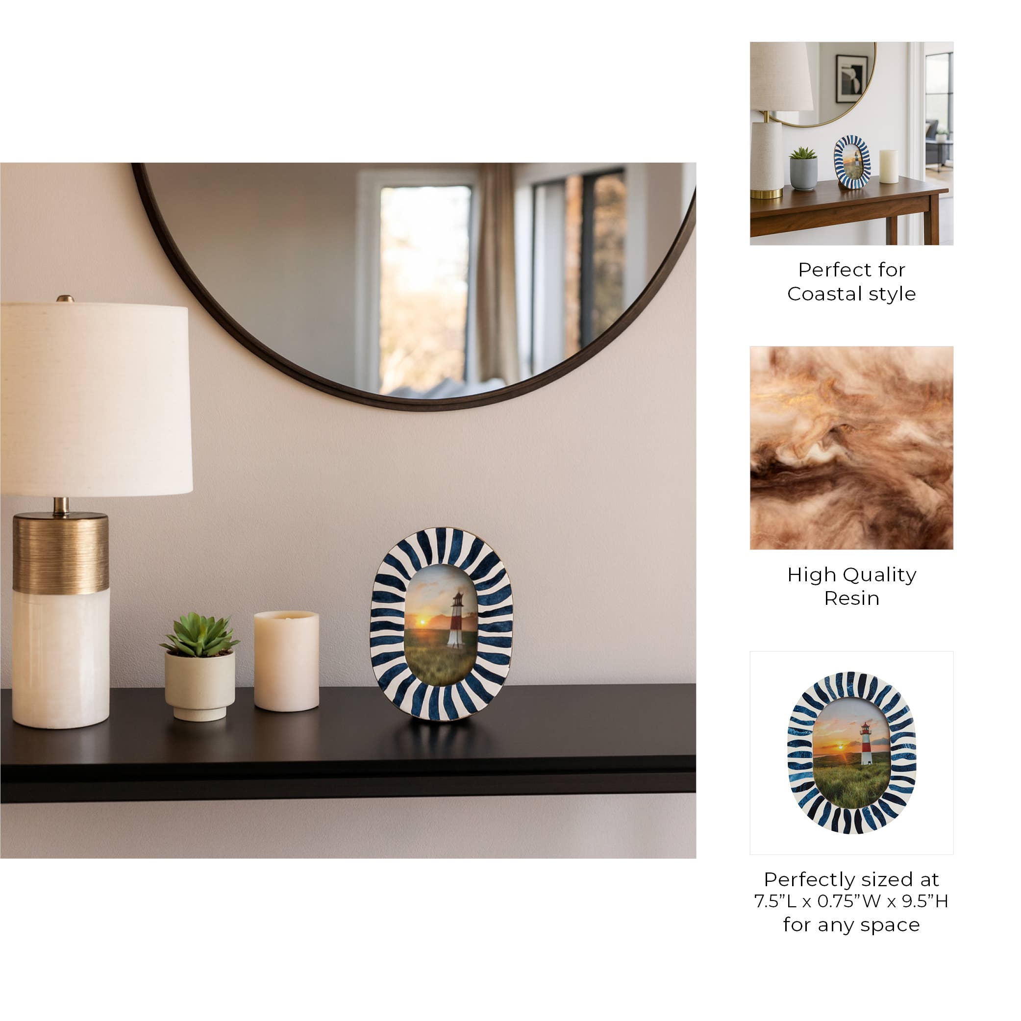 Blue/White 5x7 in. Resin Oval Photo Frame With Inlay Pieces