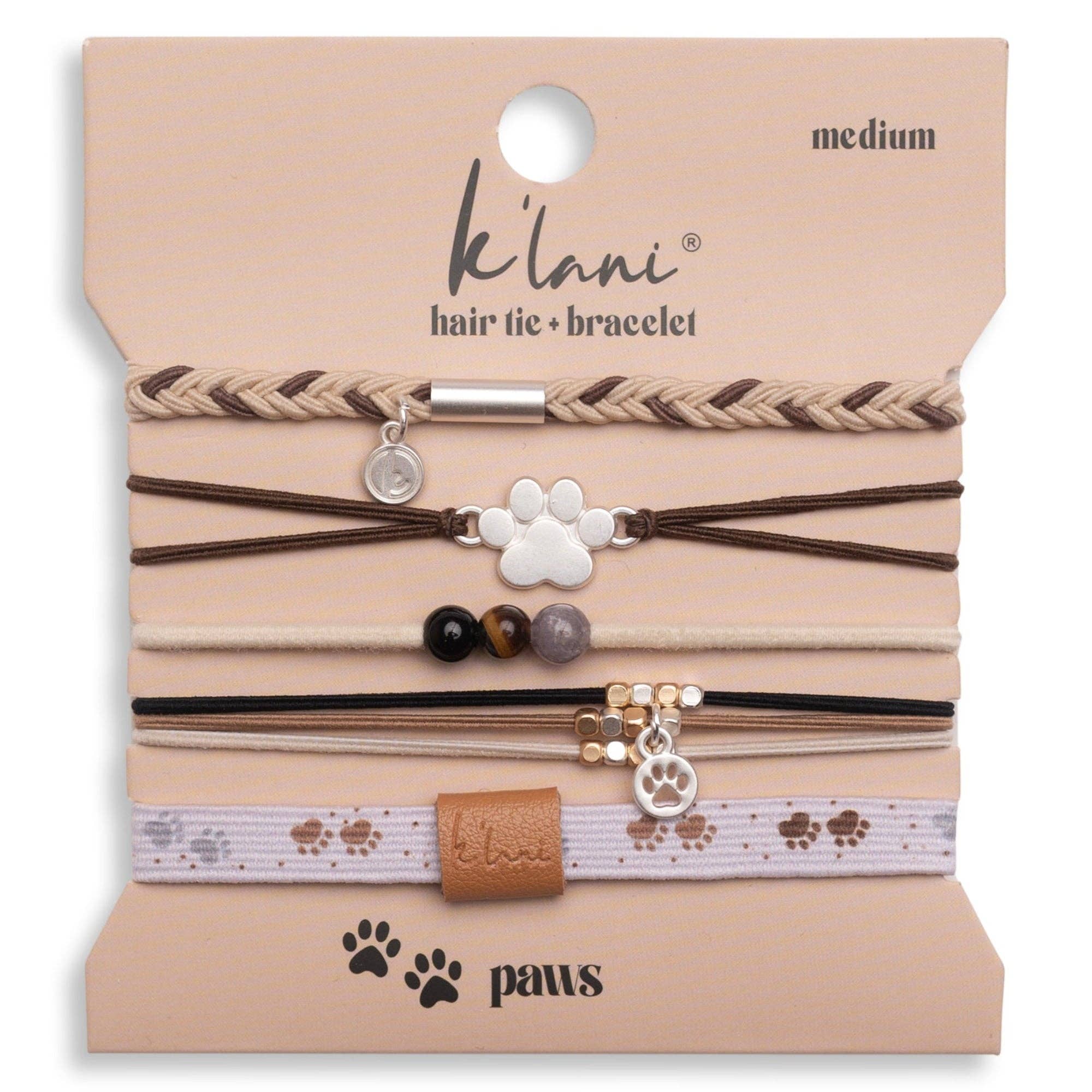 "Paws" Natural Hues with Silver and Paw Accents Hair Tie Bracelet-K'lani hair tie bracelets